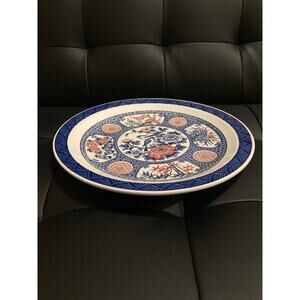 Vintage Toyo 12” Porcelain Platter Plate Cobalt White Red Chrysanthemum Japan